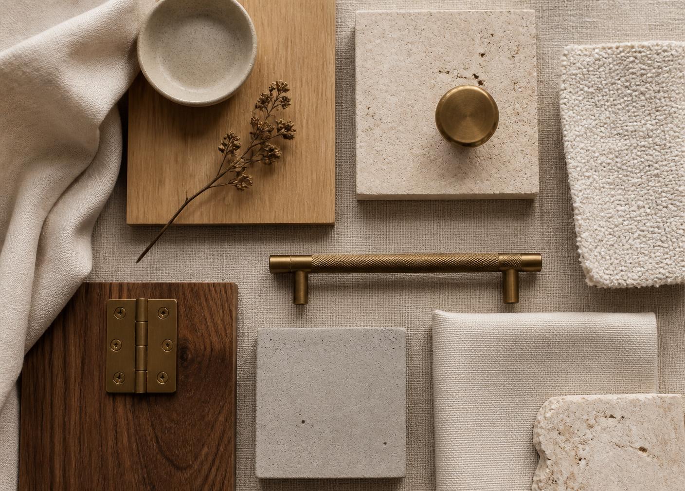 Interior design material palette of oak, walnut, travertine, concrete, linen and aged brass